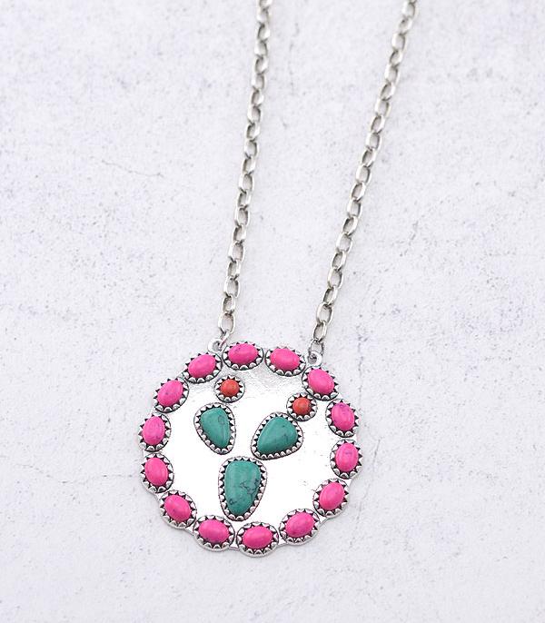 NECKLACES :: CHAIN WITH PENDANT :: Wholesale Western Cactus Round Pendant Necklace