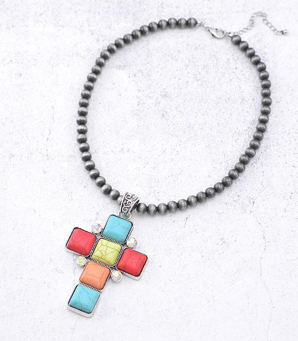 NECKLACES :: TRENDY :: Wholesale Turquoise Semi Stone Cross Necklace