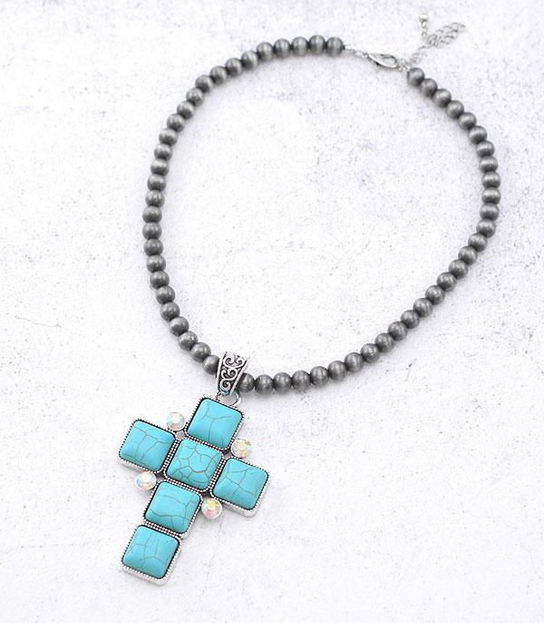 New Arrival :: Wholesale Turquoise Semi Stone Cross Necklace