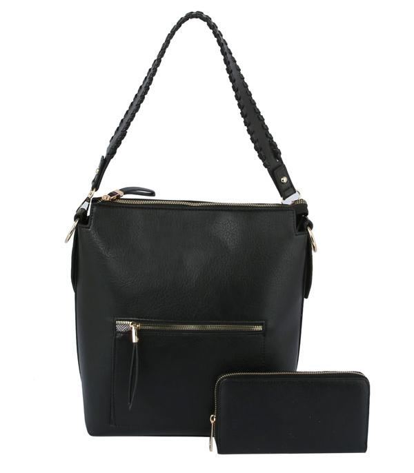 <font color=black>SALE ITEMS</font> :: HANDBAGS | TRAVEL :: Wholesale Woven Trim Faux Leather Hobo Bag