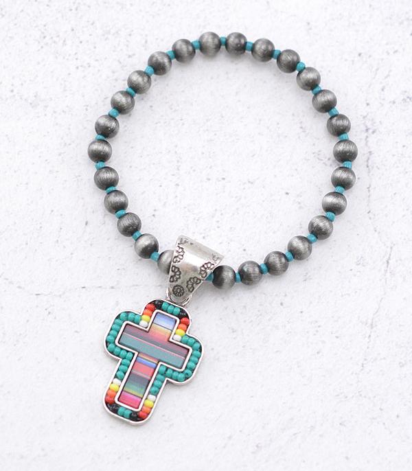 BRACELETS :: STRETCH-BEAD :: Wholesale Seed Bead Cross Charm Bracelet 