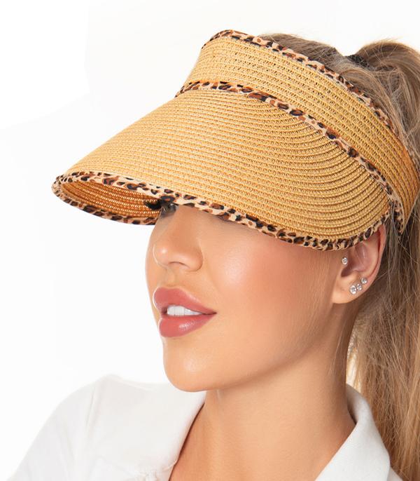 HATS I HAIR ACC :: VISOR I SOLID :: Wholesale Leopard Trim Summer Straw Visor