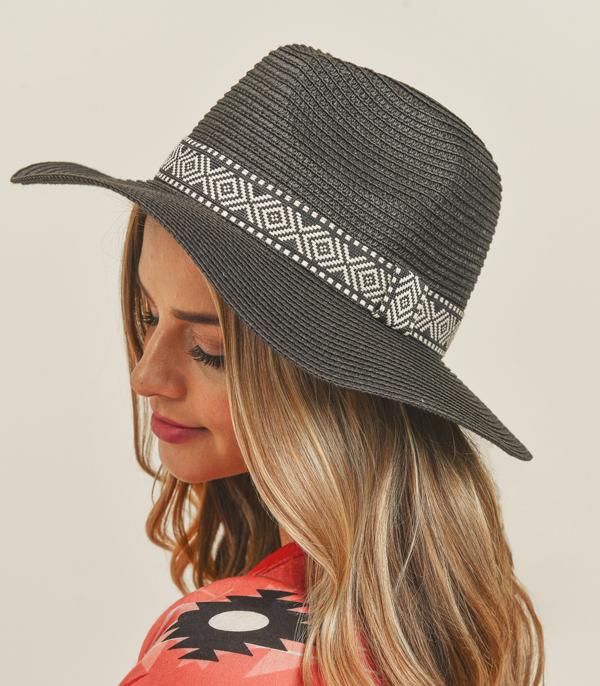 HATS I HAIR ACC :: RANCHER| STRAW HAT :: Wholesale Aztec Trim Womens Summer Straw Hat