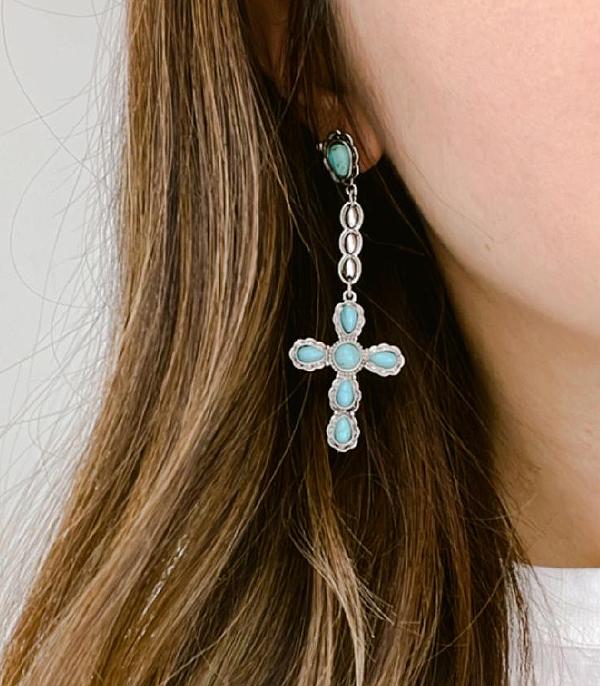 New Arrival :: Wholesale Turquoise Semi Stone Cross Earrings
