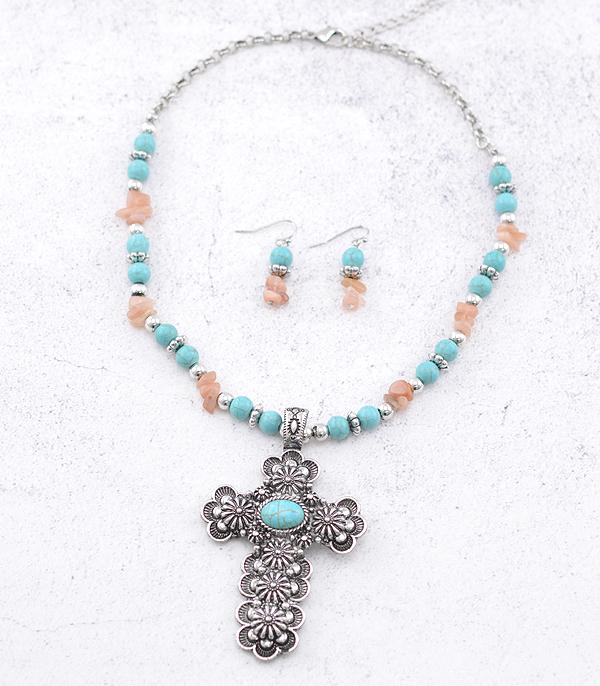NECKLACES :: TRENDY :: Wholesale Semi Stone Cross Pendant Necklace