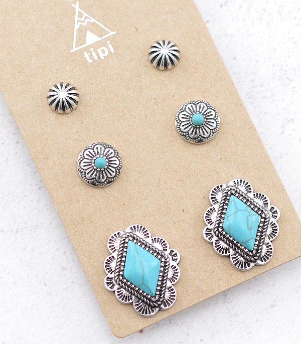 New Arrival :: Wholesale Tipi Turquoise 3PC Set Earrings