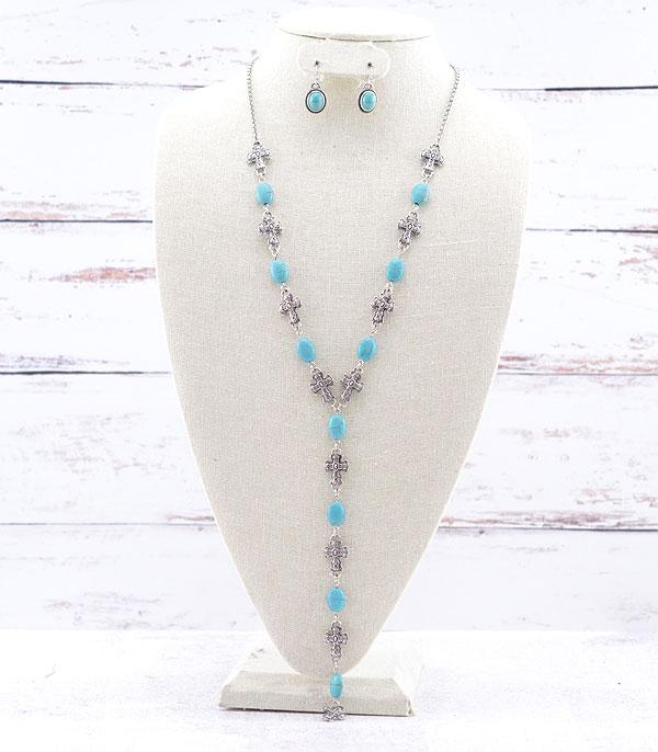 NECKLACES :: WESTERN LONG NECKLACES :: Wholesale Turquoise Cross Lariat Y Necklace