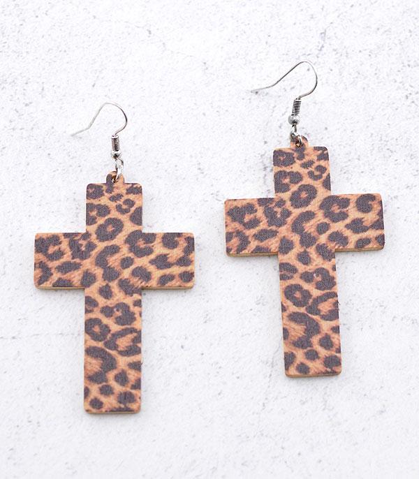 New Arrival :: Wholesale Leopard Wooden Cross Earrings