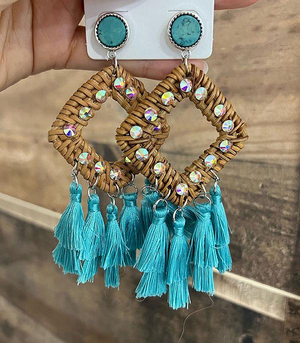 New Arrival :: Wholesale Turquoise Stone Lattan Tassel Earrings