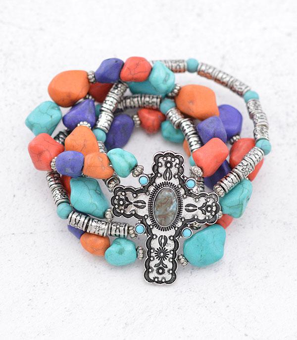 BRACELETS :: STRETCH-BEAD :: Wholesale Western Cross Turquoise Chunky Bracelet