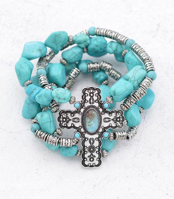 BRACELETS :: STRETCH-BEAD :: Wholesale Western Cross Turquoise Chunky Bracelet