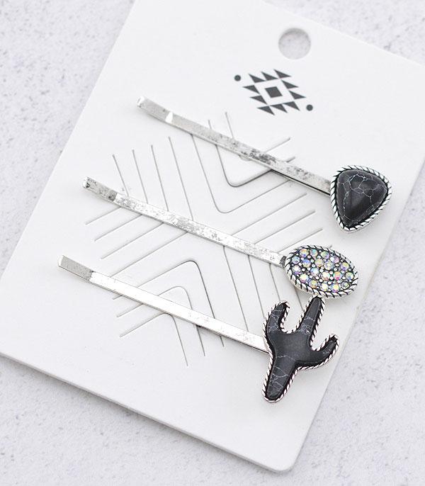 HATS I HAIR ACC :: HAIR ACCESSORIES :: Wholesale Western Turquoise Cactus Bobby Pin Set
