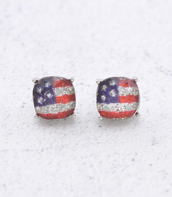 <font color=RED>RED,WHITE, AND BLUE</font> :: Wholesale USA Flag Cushion Cut Post Earrings