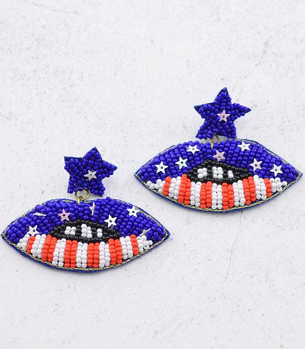 <font color=RED>RED,WHITE, AND BLUE</font> :: Wholesale USA Seed Bead Lips Earrings