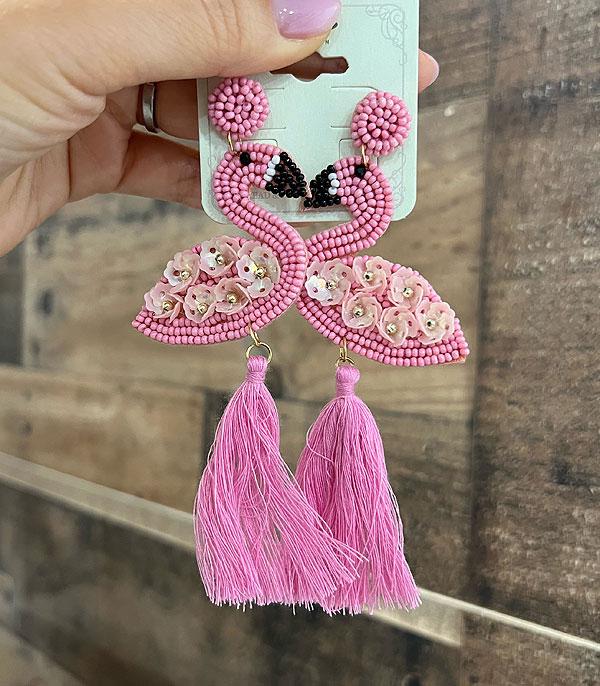 New Arrival :: Wholesale Seed Bead Flamingo Tassel Earrings