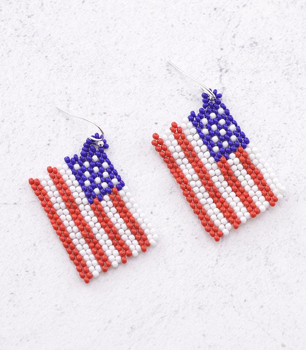 <font color=RED>RED,WHITE, AND BLUE</font> :: Wholesale Seed Bead USA Flag Earrings