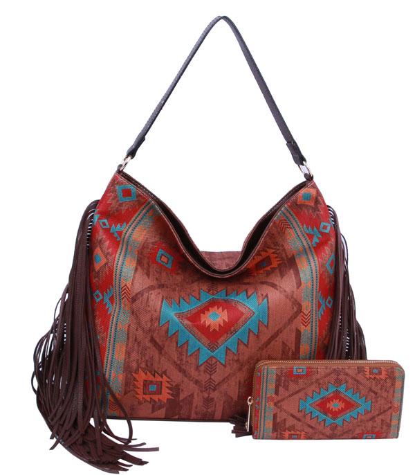 New Arrival :: Wholesale 2 In 1 Aztec Fringed Hobo Bag
