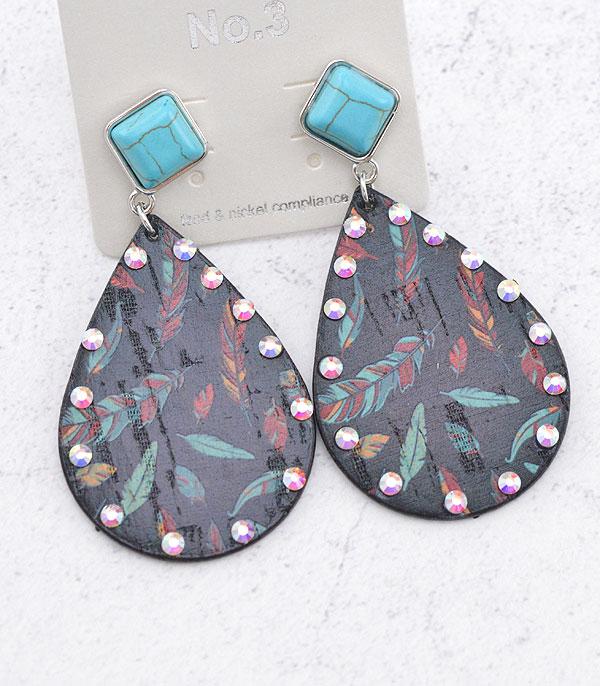 New Arrival :: Wholesale Feather Print Turquoise Post Earrings