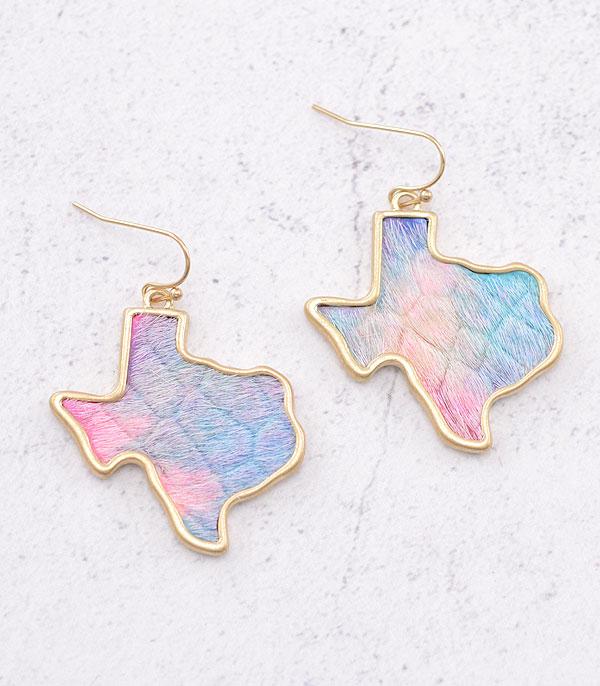 EARRINGS :: TRENDY EARRINGS :: Wholesale Tie Dye Texas Map Dangle Earrings