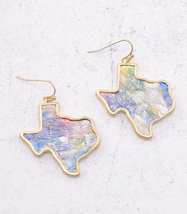 EARRINGS :: TRENDY EARRINGS :: Wholesale Tie Dye Texas Map Dangle Earrings