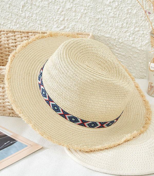 New Arrival :: Wholesale Aztec Trim Frayed Straw Hat