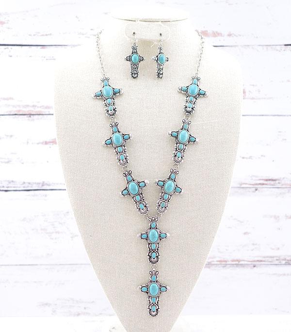 NECKLACES :: WESTERN LONG NECKLACES :: Wholesale Western Turquoise Cross Y Necklace Set