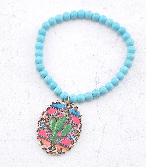 BRACELETS :: STRETCH-BEAD :: Wholesale Cactus Wood Charm Turquoise Bracelet