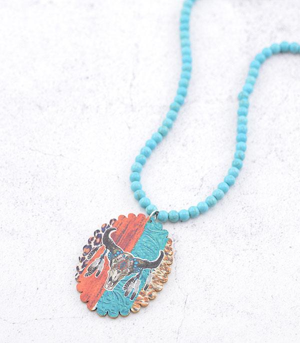 NECKLACES :: WESTERN LONG NECKLACES :: Wholesale Steer Head Pendant Turquoise Necklace