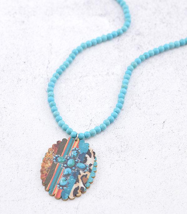 NECKLACES :: WESTERN LONG NECKLACES :: Wholesale Turquoise Cross Wood Pendant Necklace