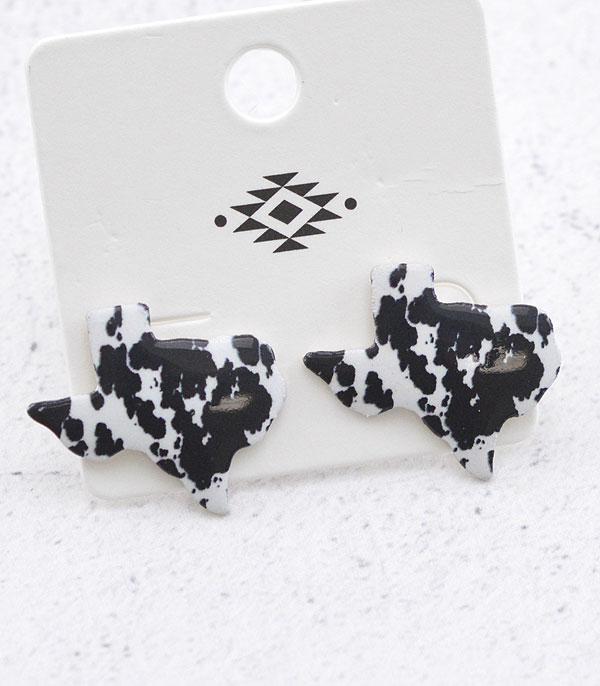 EARRINGS :: POST EARRINGS :: Wholesale Cow Print Texas Map Post Earrings