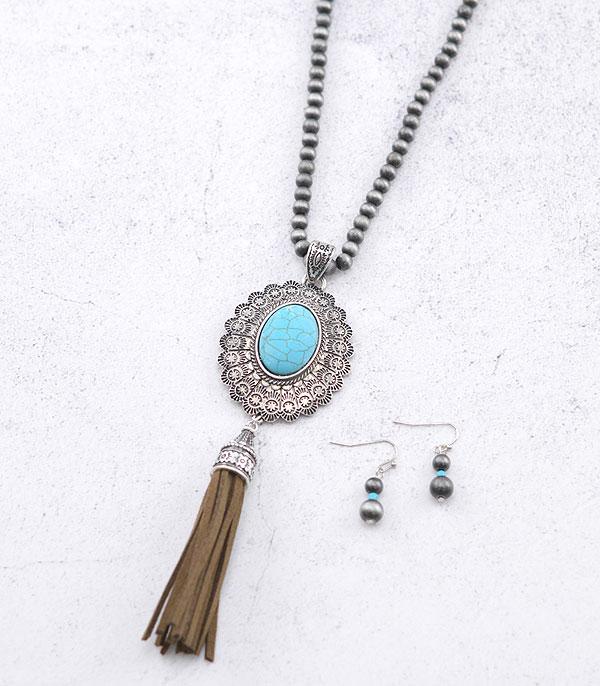 NECKLACES :: WESTERN LONG NECKLACES :: Wholesale Western Turquoise Concho Tassel Necklace