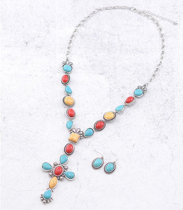 NECKLACES :: WESTERN LONG NECKLACES :: Wholesale Turquoise Semi Stone Cross Necklace Set