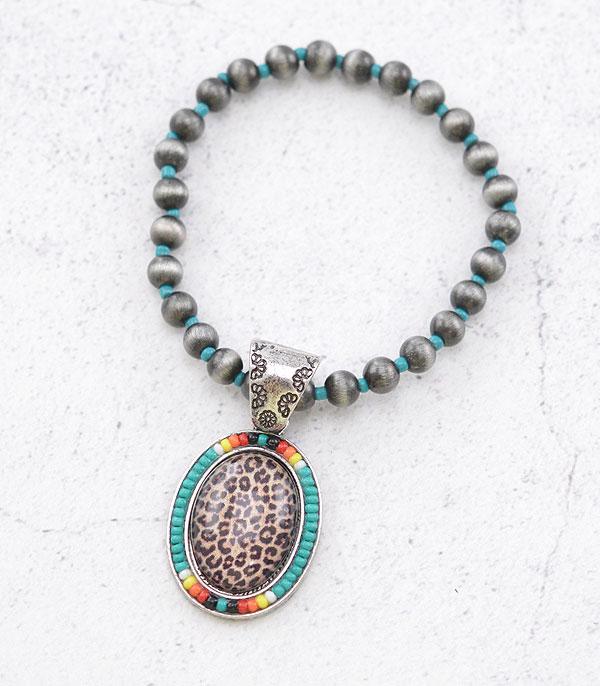 BRACELETS :: STRETCH-BEAD :: Wholesale Leopard Pendant Navajo Bead Bracelet