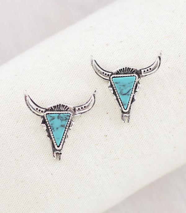 <font color=Turquoise>TURQUOISE JEWELRY</font> :: Wholesale Western Semi Stone Steer Skull Earrings