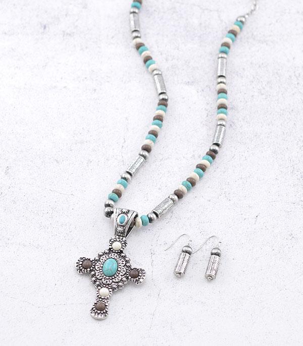 NECKLACES :: WESTERN LONG NECKLACES :: Wholesale Turquoise Brown Cross Necklace