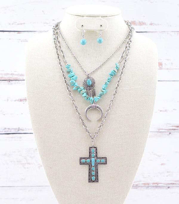 NECKLACES :: WESTERN LONG NECKLACES :: Wholesale Western Turquoise Cross Layered Necklace