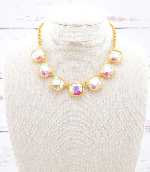 NECKLACES :: TRENDY :: Wholesale Cushion Cut Glass Stone Necklace