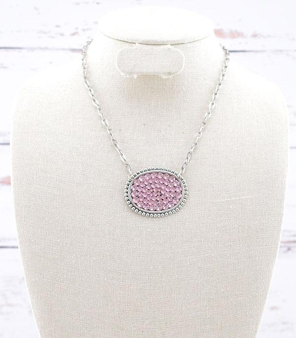 NECKLACES :: TRENDY :: Wholesale Light Metal Rhinestone Oval Necklace