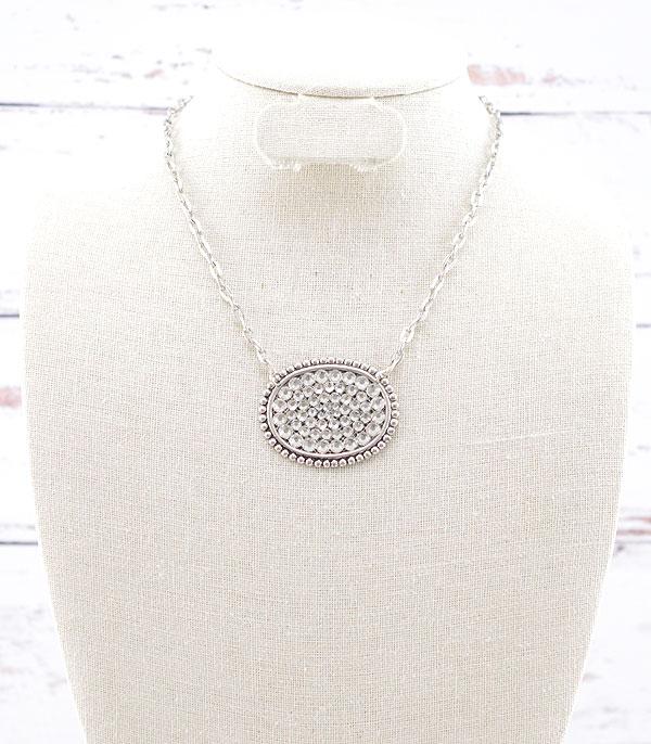 NECKLACES :: TRENDY :: Wholesale Light Metal Rhinestone Oval Necklace