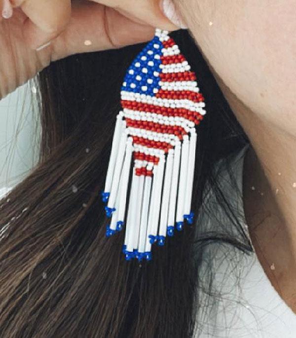 <font color=RED>RED,WHITE, AND BLUE</font> :: Wholesale USA Flag Seed Bead Fringe Earrings