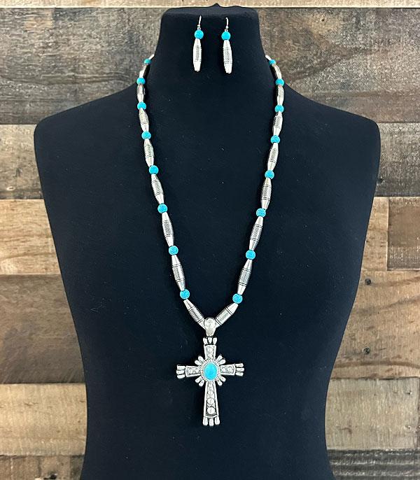 NECKLACES :: WESTERN LONG NECKLACES :: Wholesale Western Turquoise Cross Necklace 