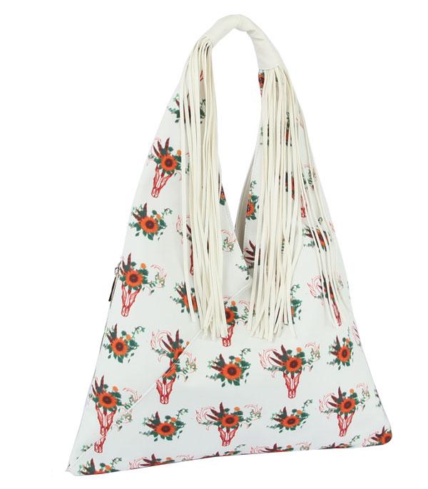 HANDBAGS :: FASHION :: Wholesale Bull Skull Western Print Fringe Hobo Bag