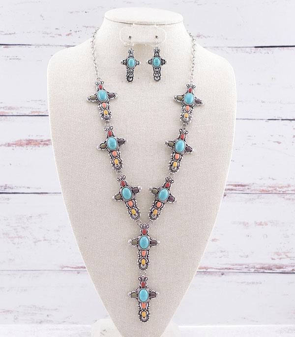 NECKLACES :: WESTERN LONG NECKLACES :: Wholesale Turquoise Cross Chunky Lariat Necklace