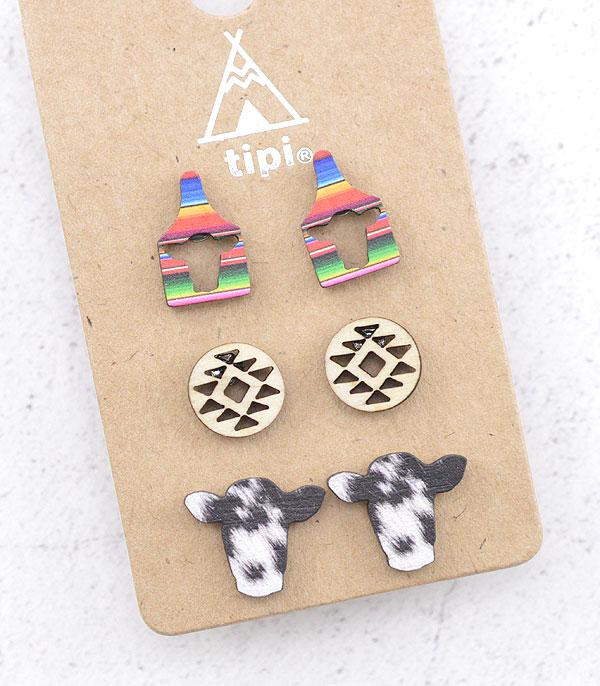 New Arrival :: Wholesale Tipi Cow Theme 3PC Earrings 