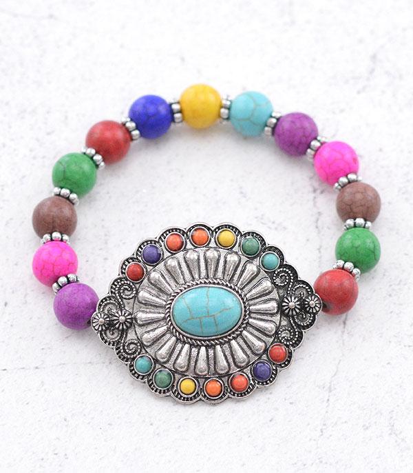 BRACELETS :: STRETCH-BEAD :: Wholesale Western Concho Semi Stone Bracelet