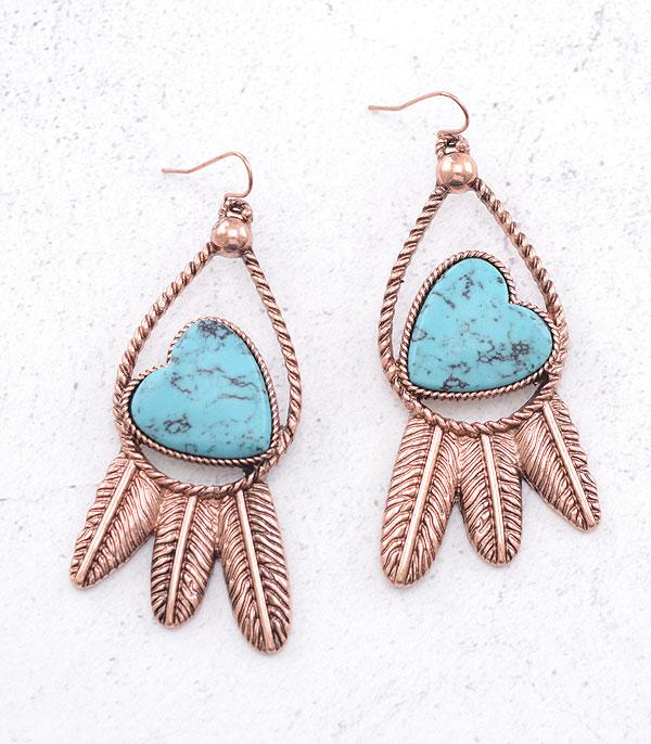 EARRINGS :: WESTERN HOOK EARRINGS :: Wholesale Western Turquoise Heart Feather Earrings