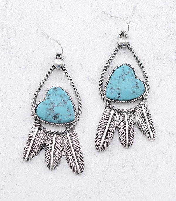 New Arrival :: Wholesale Western Turquoise Heart Feather Earrings