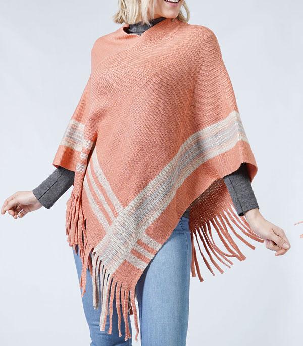 <font color=RED>PONCHOS SALE</font> :: Wholesale Stripe Knit Fringe Poncho