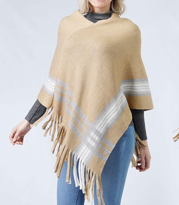 New Arrival :: Wholesale Stripe Knit Fringe Poncho