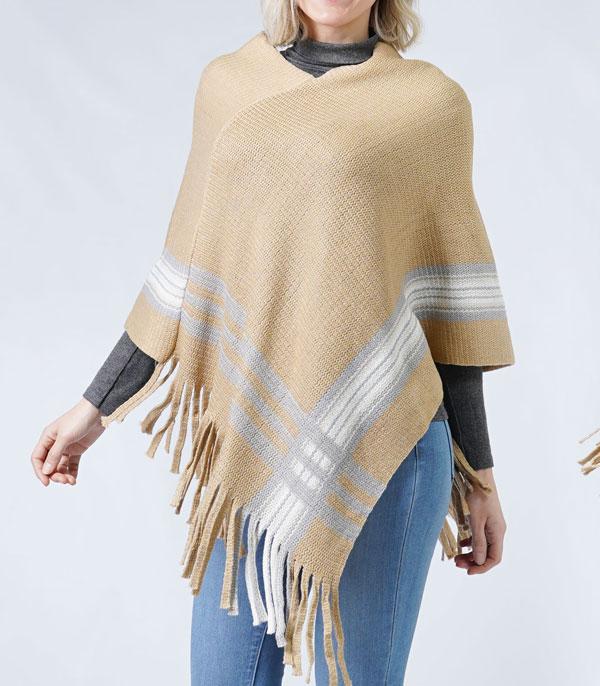 <font color=RED>PONCHOS SALE</font> :: Wholesale Stripe Knit Fringe Poncho